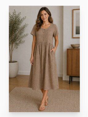 Little Cottonwood Dress Womens 3X Brown Gingham Shirt Short Sleeve Button